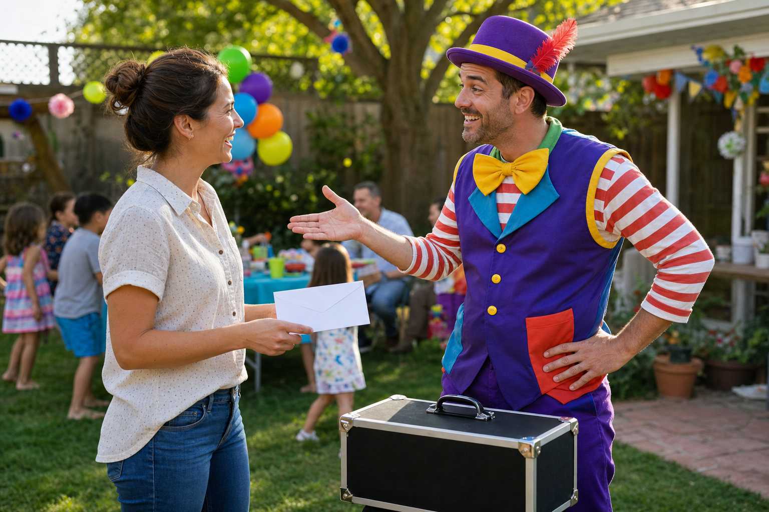 A birthday party host gives a payment envelope to the entertainer they hired as children play nearby.