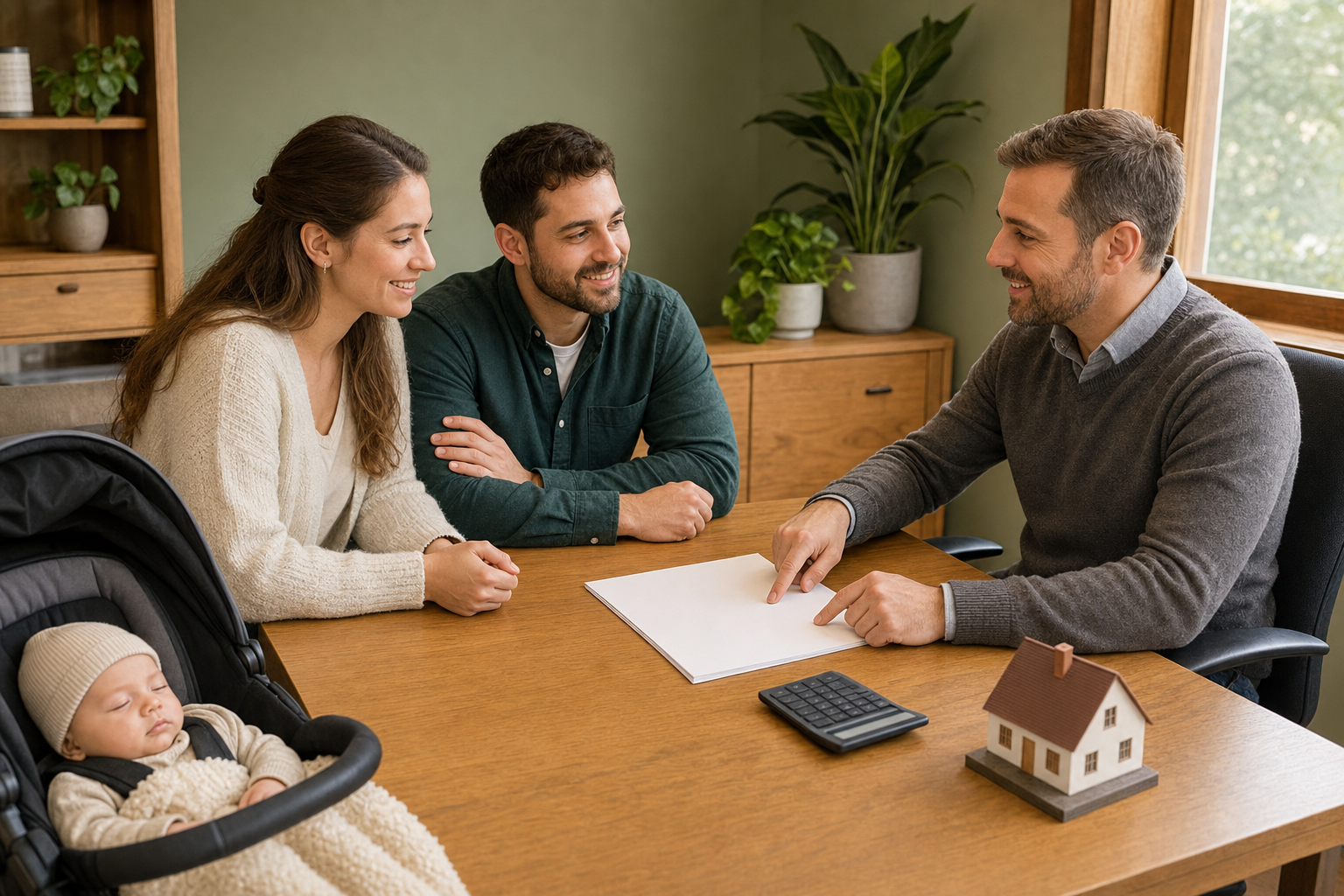 Parents with a sleeping infant meet an adviser who points to a blank mortgage worksheet beside a calculator and model house.