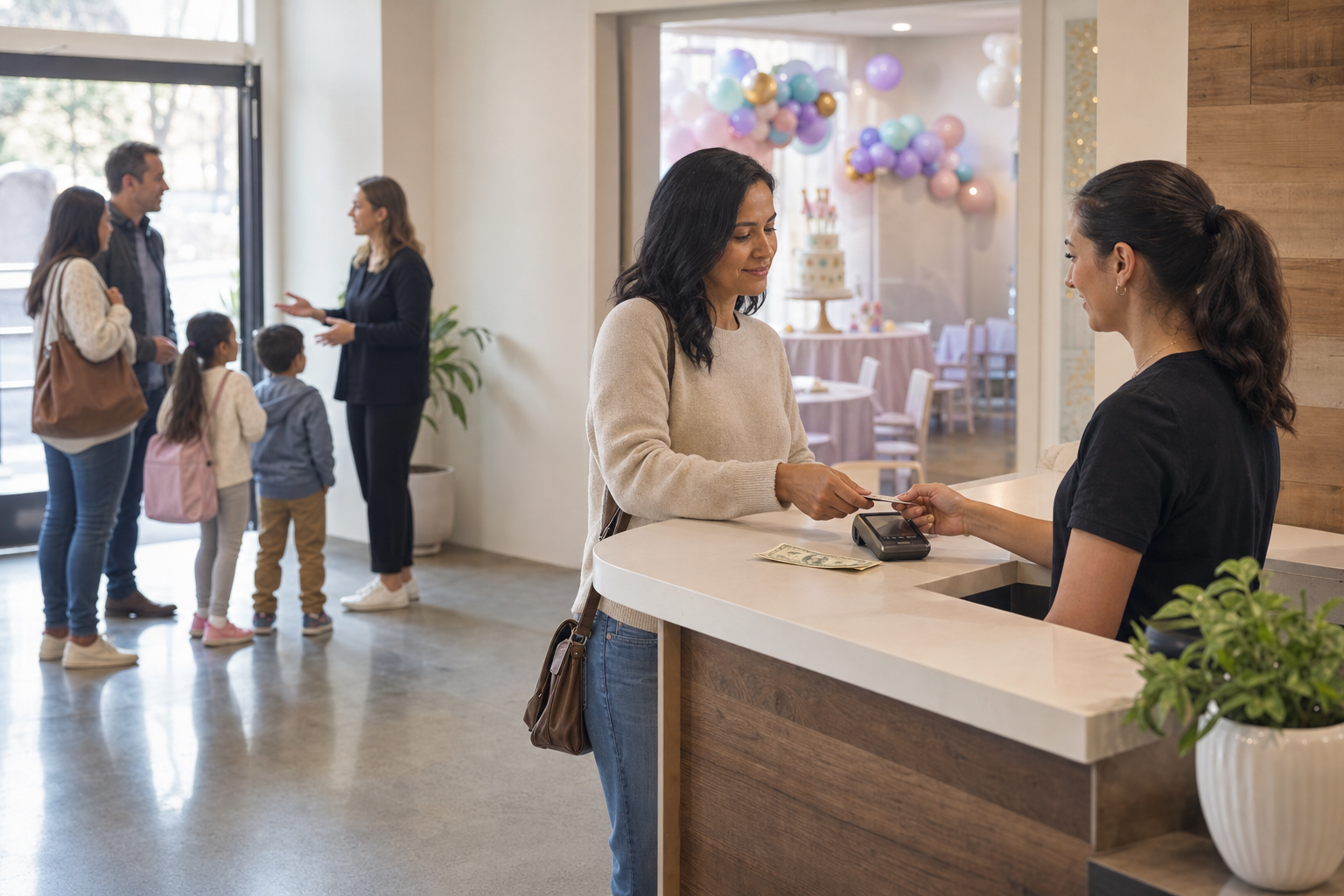 A parent settles a venue bill and gratuity with a staff member before birthday party guests enter the decorated room.