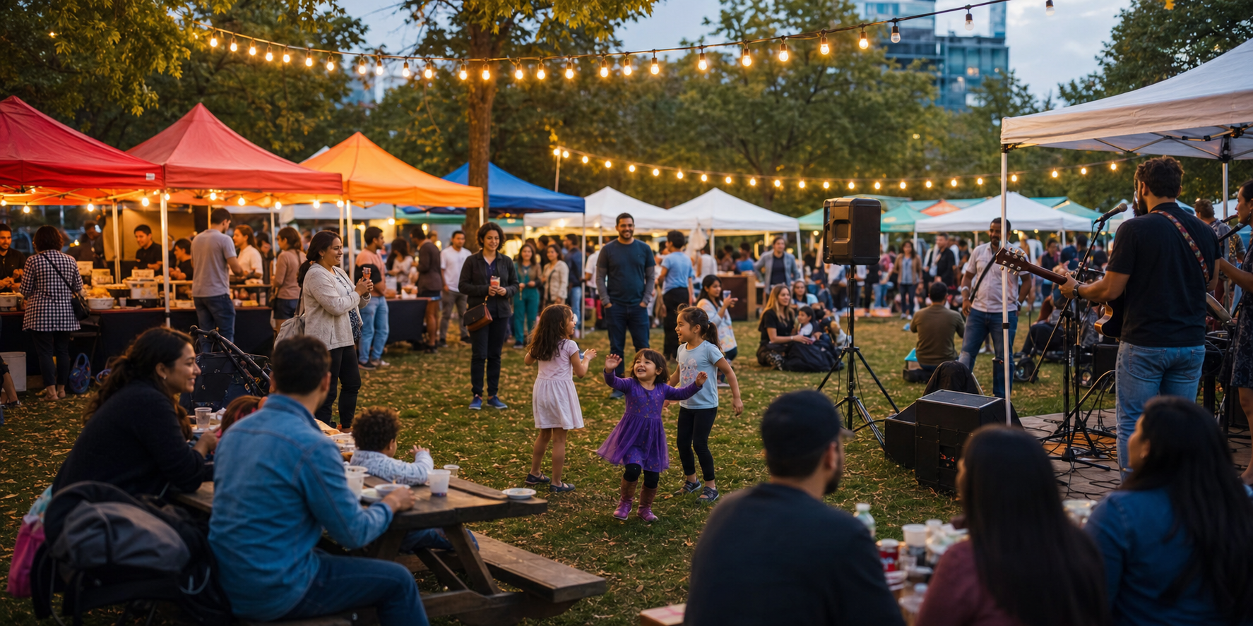 Families gather near food stalls and a small outdoor performance at an evening community festival.