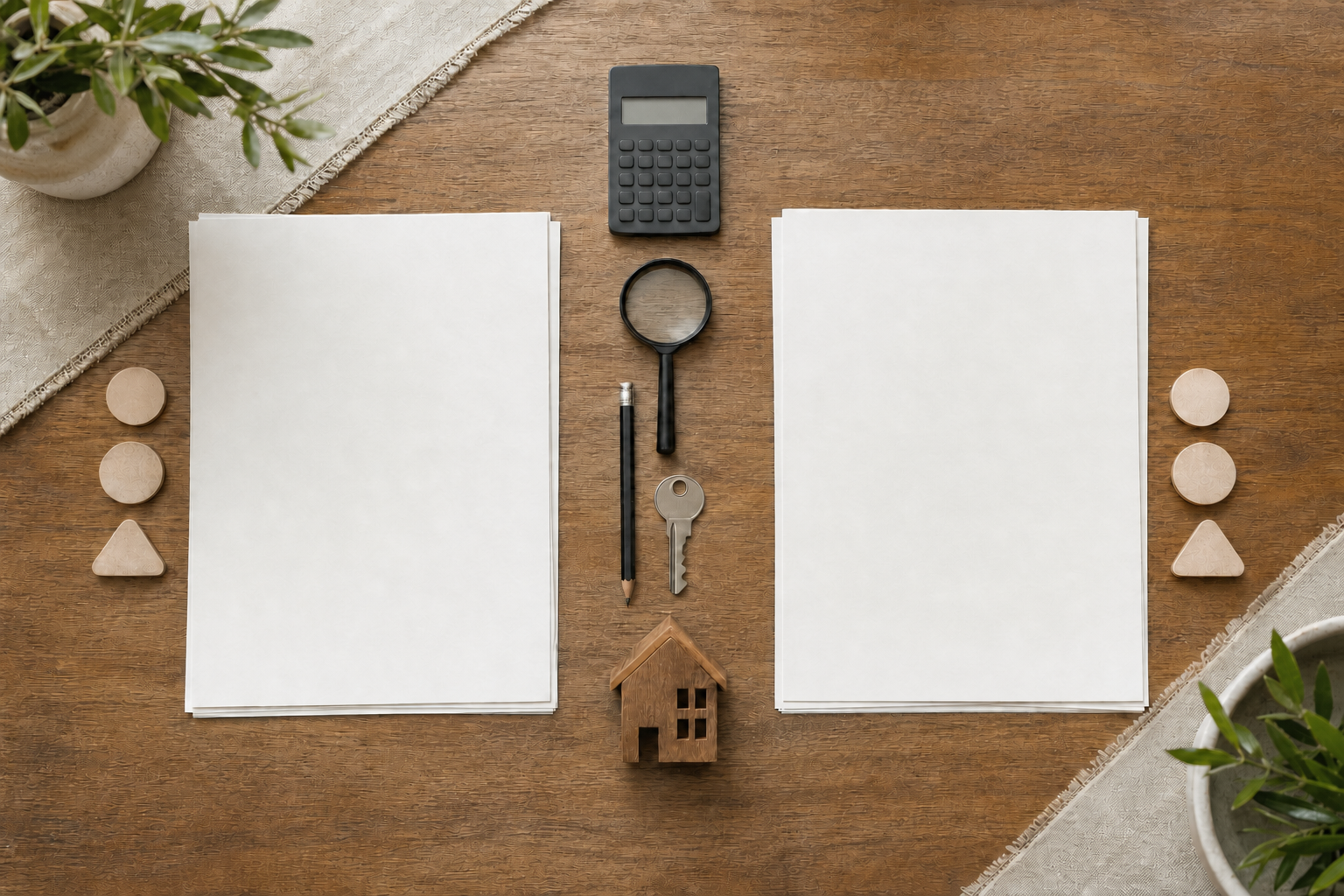 Two sets of blank mortgage papers are arranged side by side with a calculator, magnifying glass, pencil, house key, and model home.