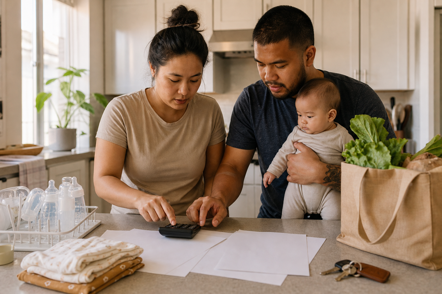 One parent holds a baby while the other uses a calculator beside blank bills, groceries, baby supplies, and house keys.