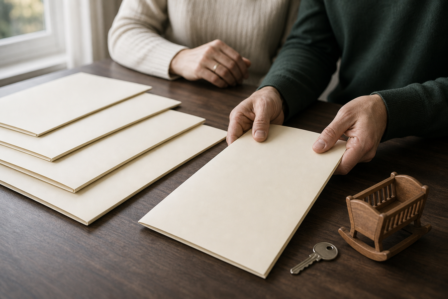 Parents' hands select one blank mortgage offer folder beside a house key and a small wooden cradle.
