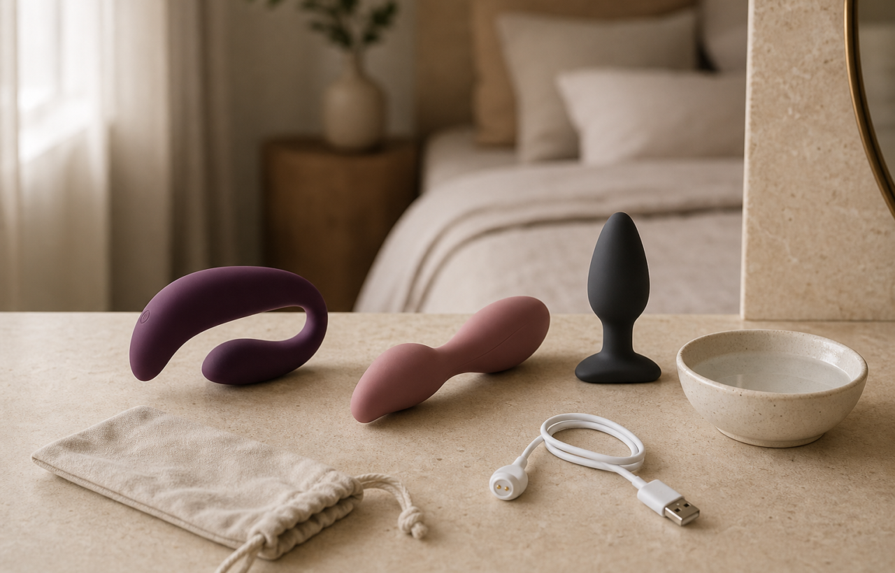 Three unbranded silicone adult toys beside a storage pouch, charging cable and small bowl of water on a stone vanity.