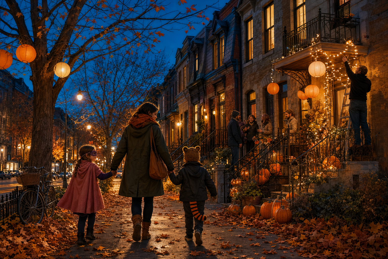 Families walking through a Montreal neighbourhood with pumpkins, autumn leaves, and early holiday lights at dusk.
