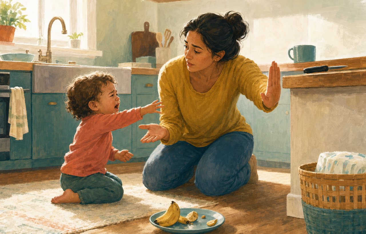A parent kneels beside a crying toddler in a kitchen, offering comfort while maintaining a safety boundary near a broken banana.