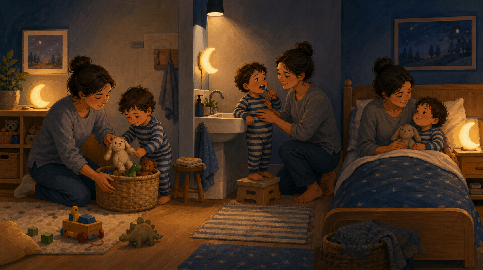 Three connected scenes show a caregiver guiding a toddler through putting away toys, brushing teeth, and settling into bed.