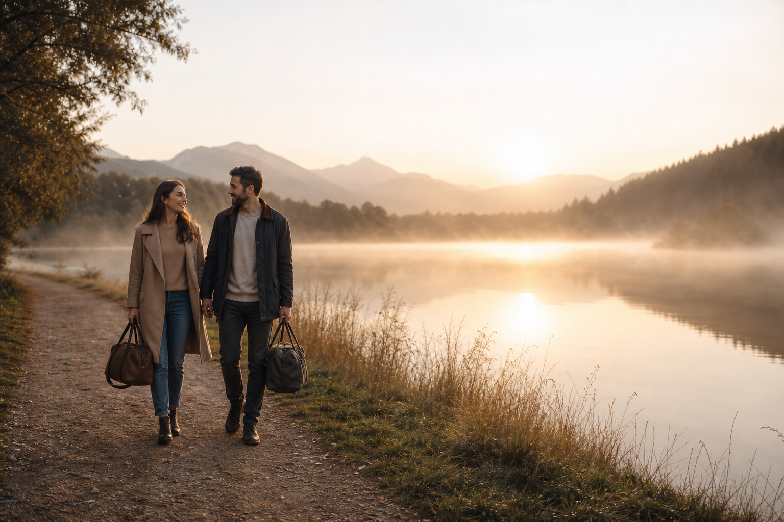 A couple walks with overnight bags along a quiet lakeside path at sunrise.