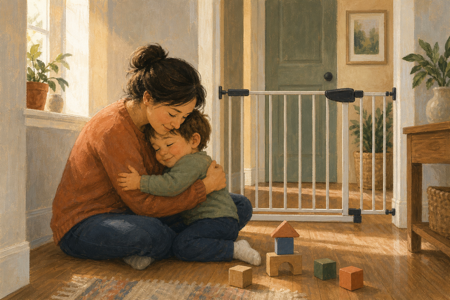 A parent and child hug on the floor after putting away blocks, with a closed safety gate still in place behind them.