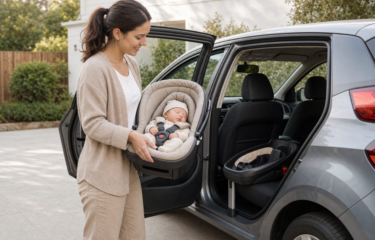 A caregiver lifts a padded newborn carrier from the rigid infant car seat secured inside a parked family car.