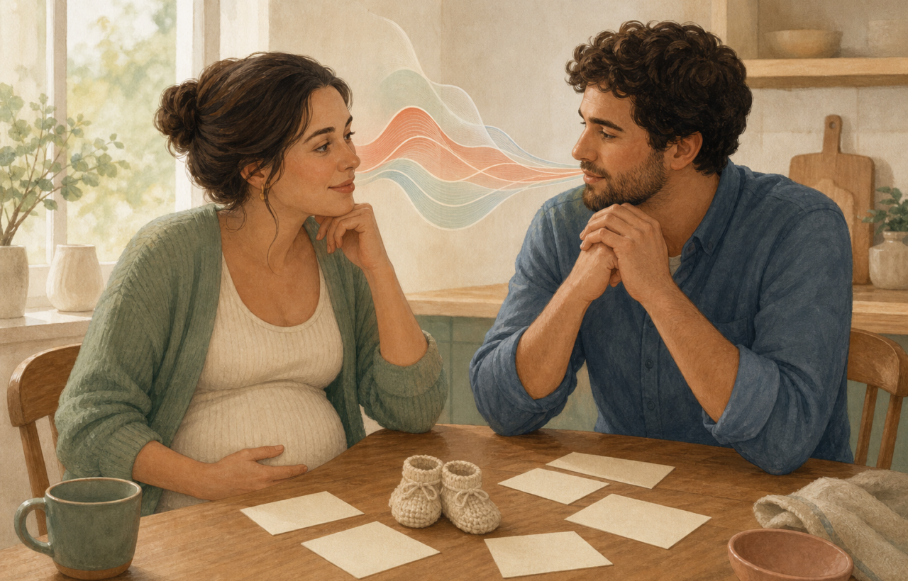 An expectant couple sits at a kitchen table with baby booties and blank cards while soft sound-wave shapes suggest a spoken name.
