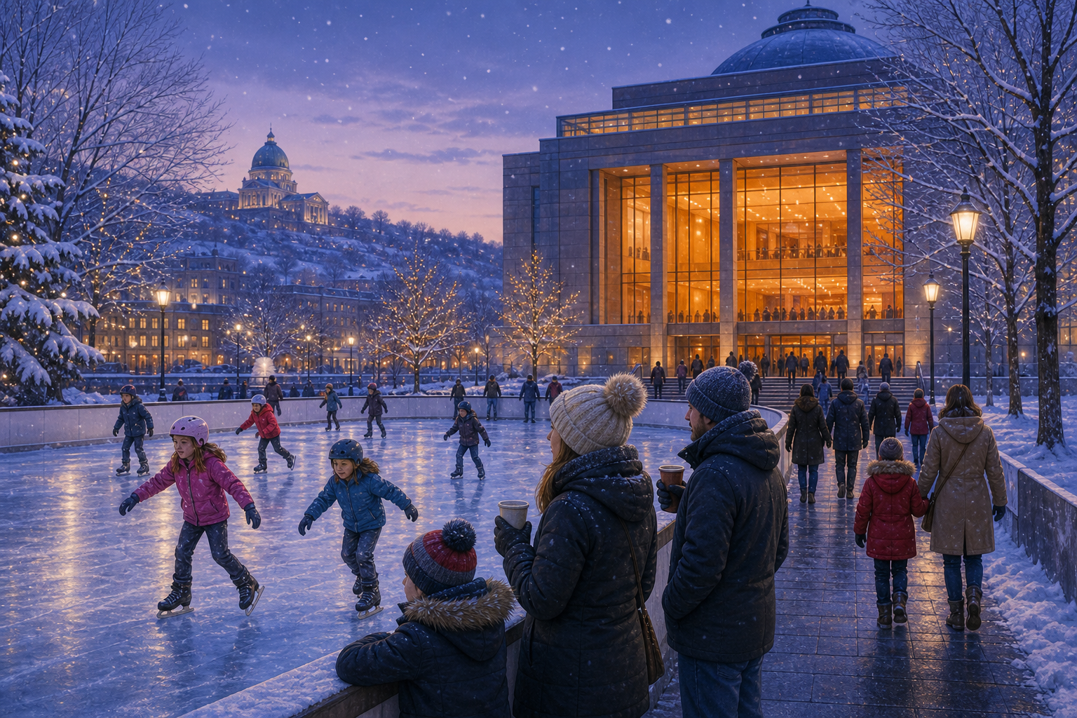 Families skating outdoors in snowy Montreal while others head toward a warmly lit indoor performance space.
