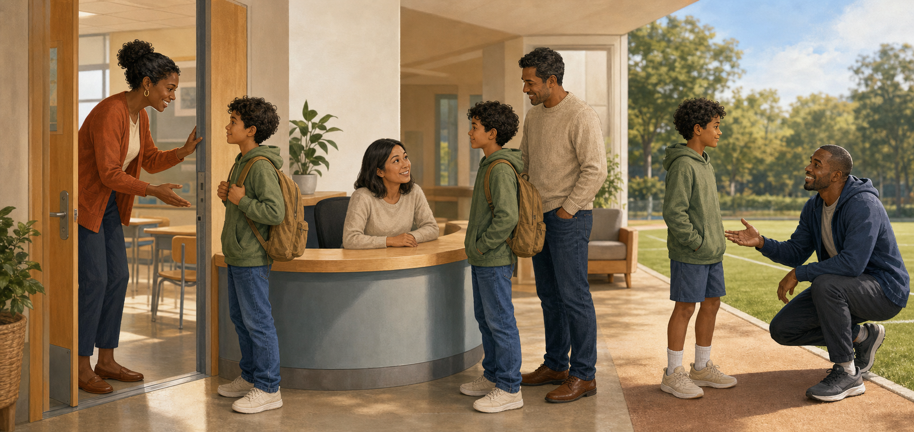 A child is greeted by adults in a classroom, reception area and sports field while accompanied by a parent in one scene.