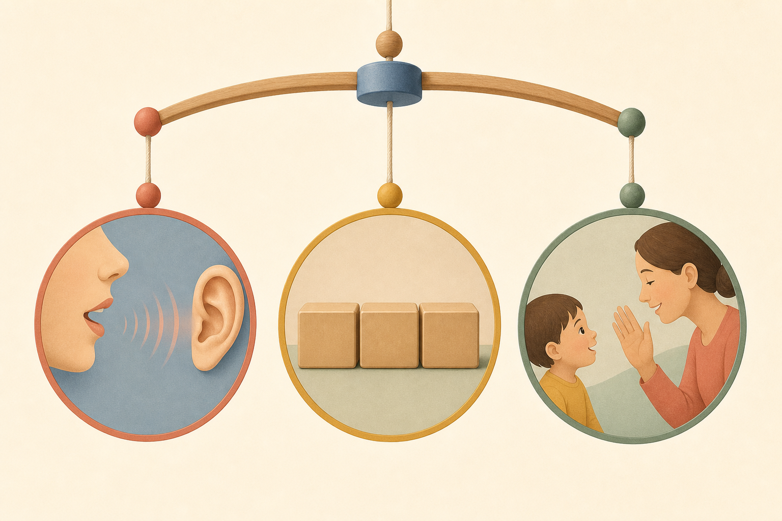 Three circular illustrations show an ear listening to speech, blank wooden blocks and a child exchanging a warm gesture with a parent.