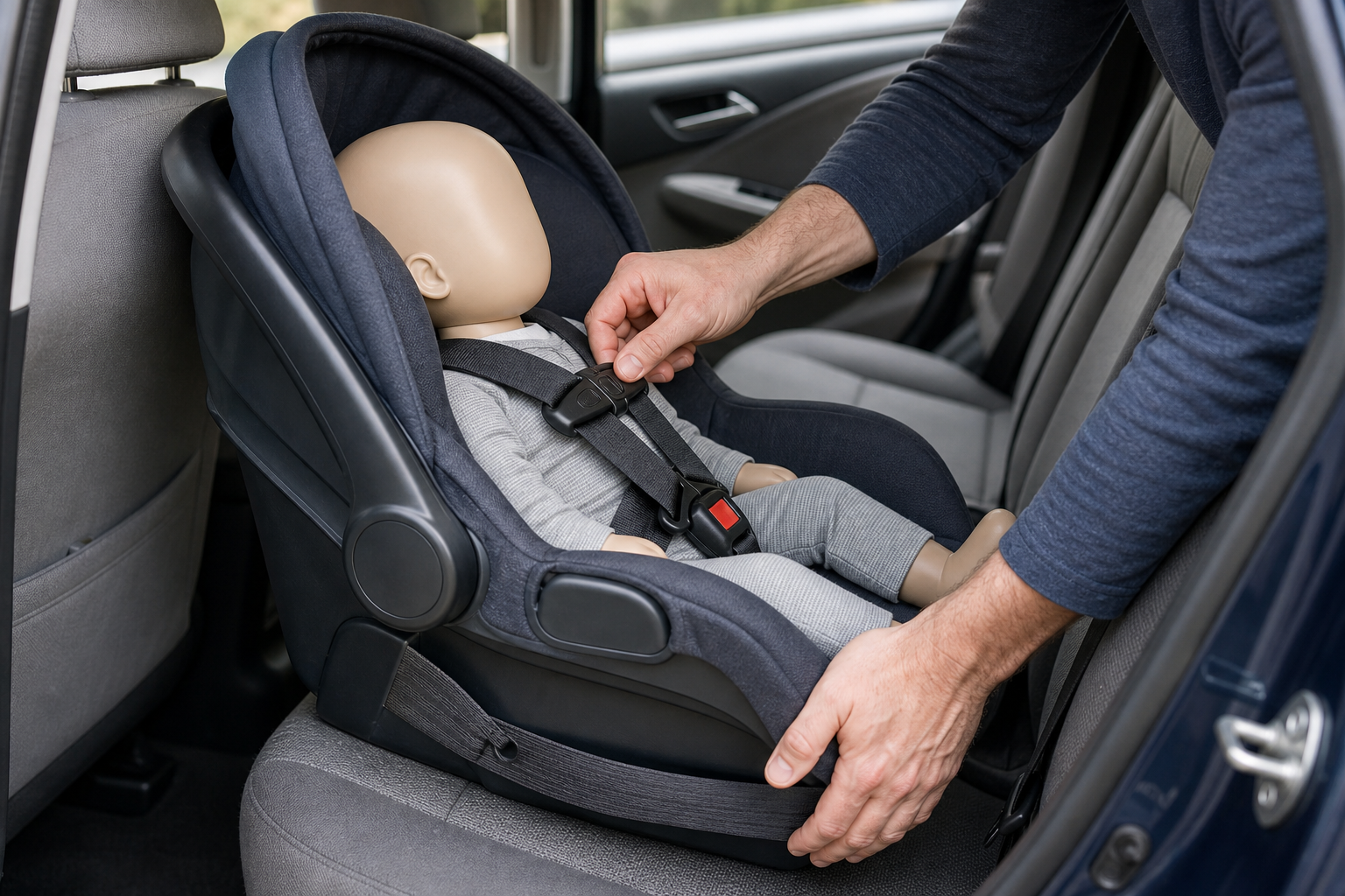 An adult checks the harness fit and installation stability of an infant car seat in a vehicle's rear seat.