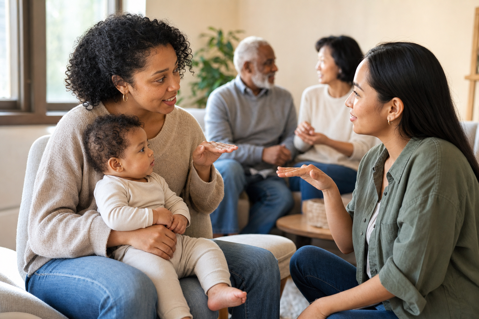A parent holding a baby uses a small hand gesture while another adult listens and repeats the rhythm at a family gathering.