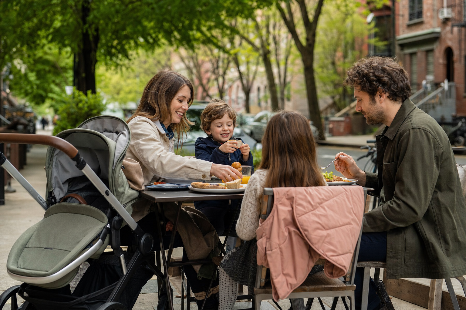 A family shares food at a relaxed outdoor patio table on a leafy city street.