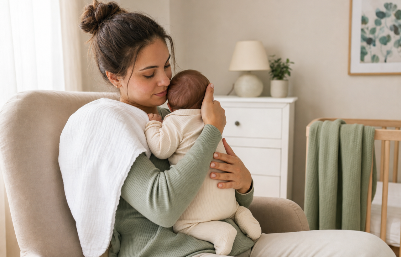 A seated caregiver supports a newborn upright against their chest after a feeding with a burp cloth over one shoulder.