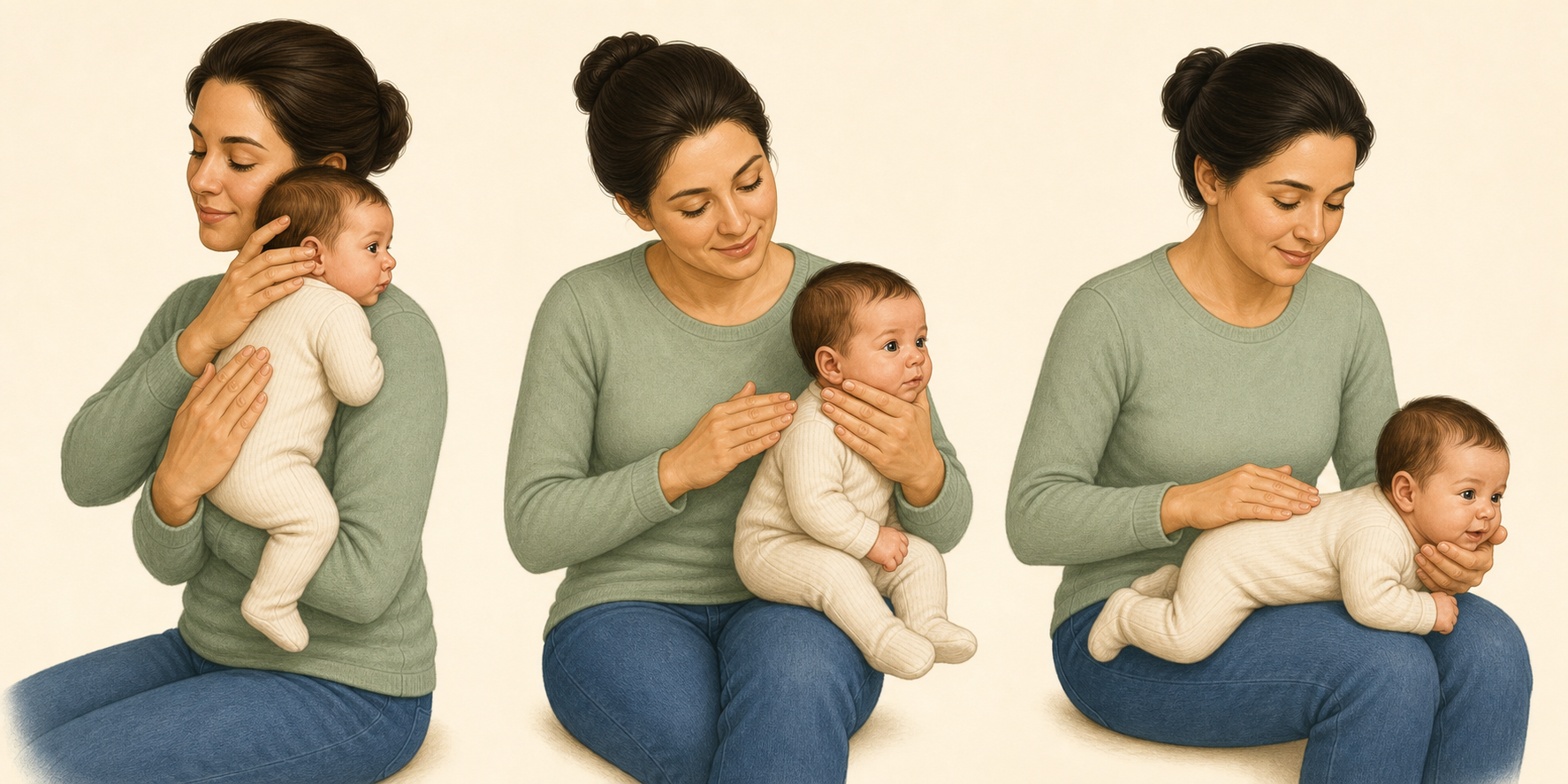 Three illustrations show a newborn burped over a shoulder, seated on a caregiver's lap, and tummy-down across the lap with head and neck support.