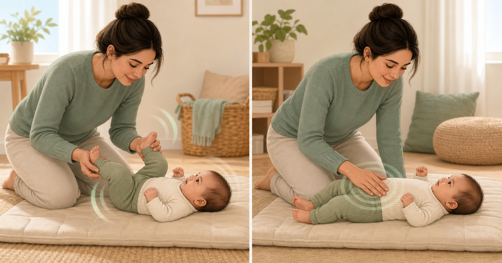 A caregiver gently moves a newborn's legs in a bicycle motion and massages the baby's abdomen while the baby lies on a floor mat.