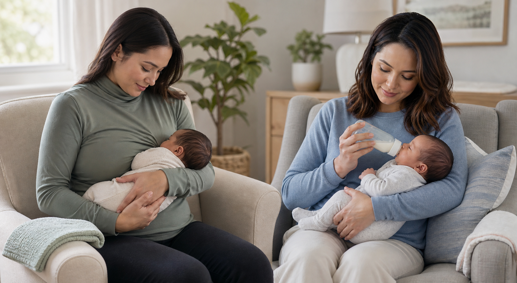 Two caregivers demonstrate an aligned breastfeeding position and semi-upright paced bottle-feeding with a supported newborn.