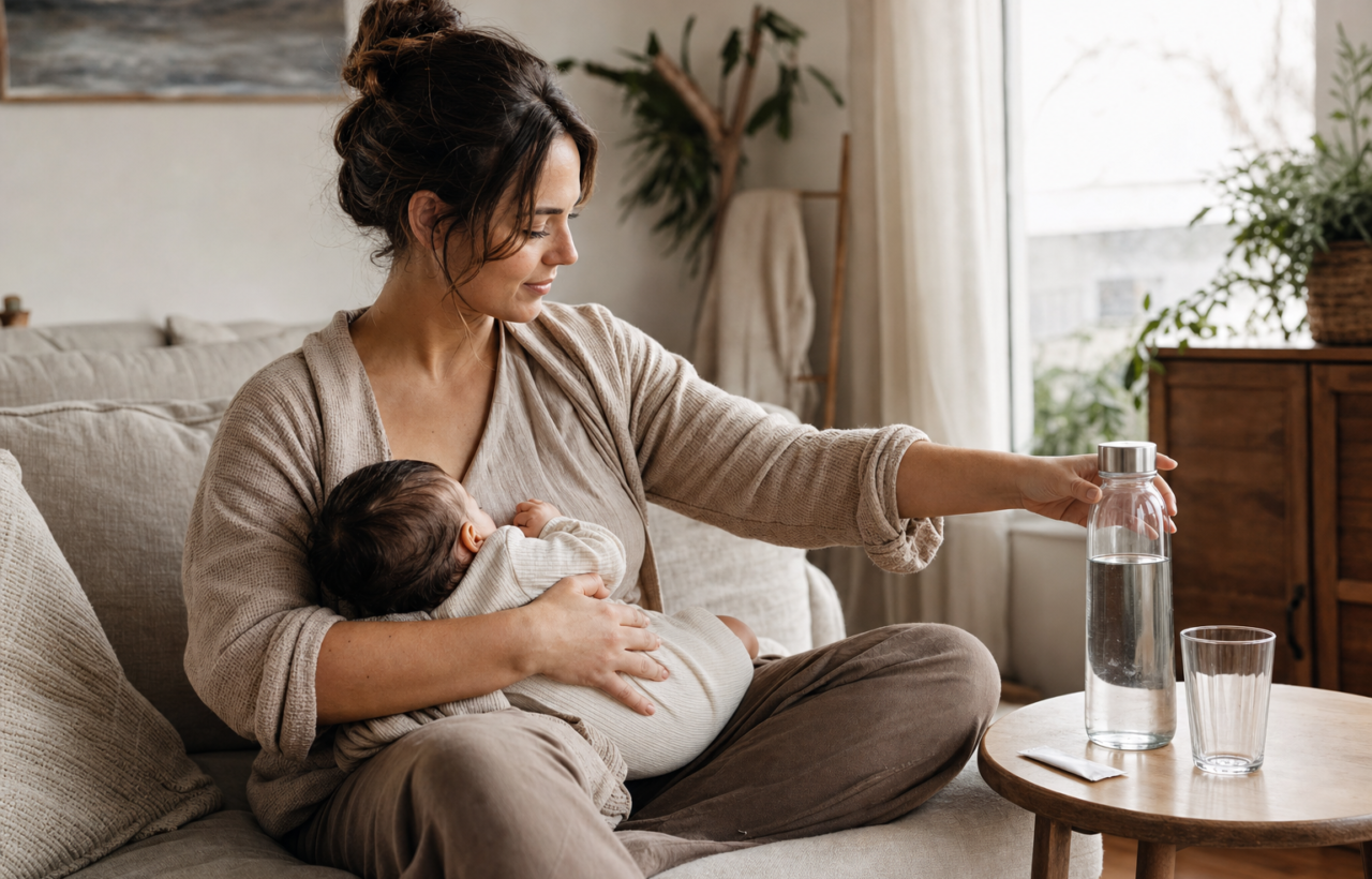 A breastfeeding mother reaches for a clear bottle of water beside an unbranded electrolyte sachet in a softly lit living room.