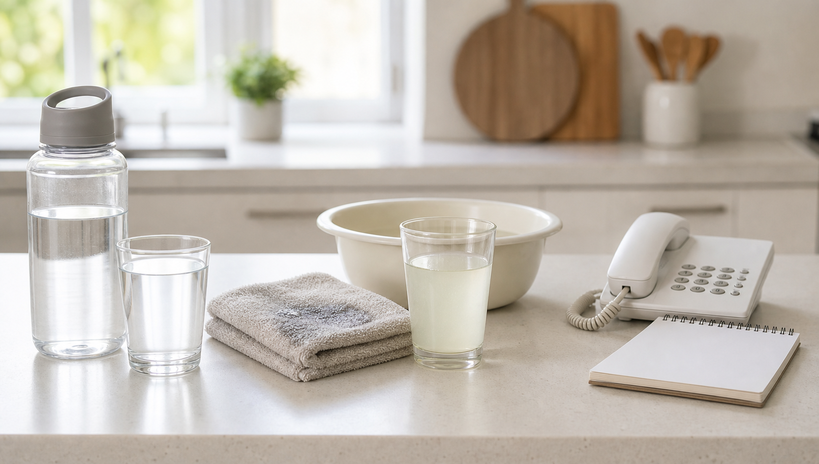A still life contrasts plain water with an electrolyte drink beside a damp towel and basin, followed by a phone and blank notepad.