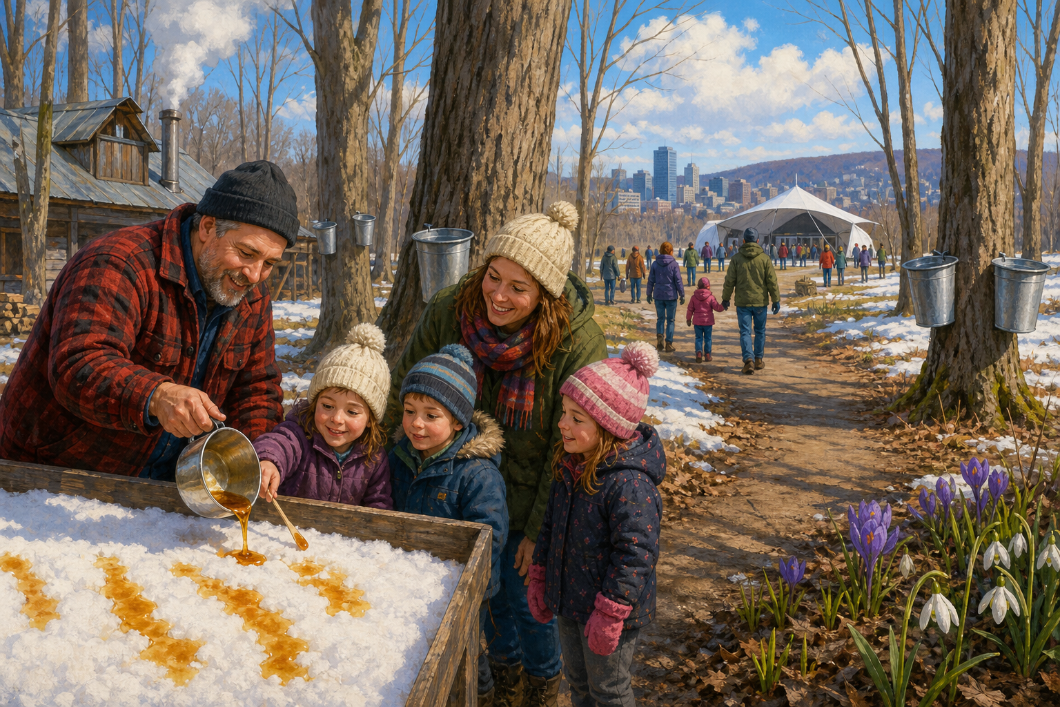 Children and adults in a spring maple grove with sap buckets, melting snow, and a small community performance tent nearby.