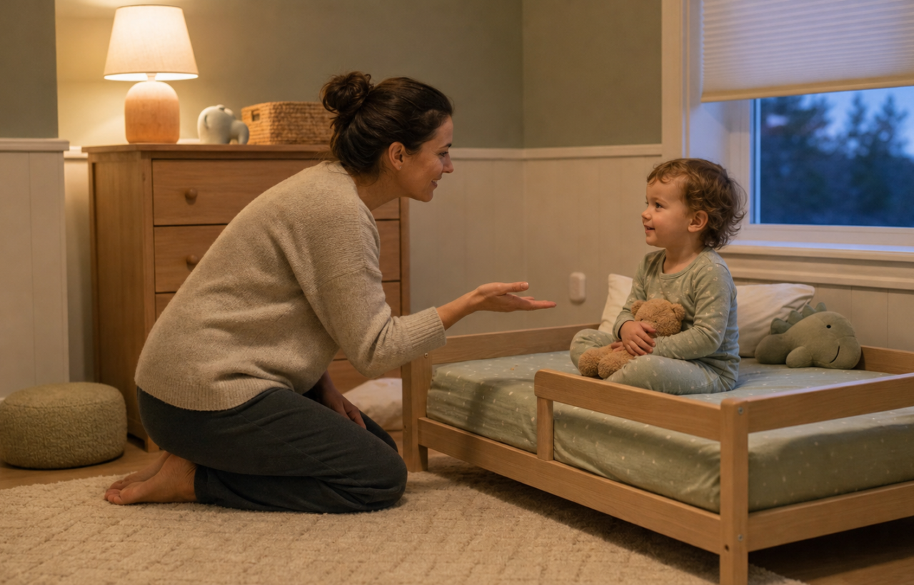A parent kneels beside a toddler sitting on a low wooden bed in a softly lit, childproofed bedroom.