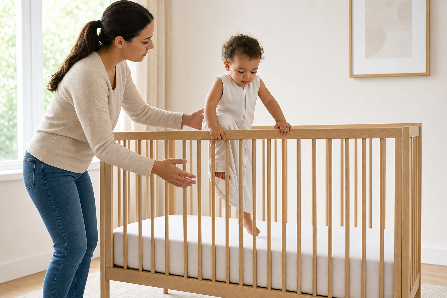 A caregiver watches closely as a toddler begins to lift a leg toward the top rail of an empty crib.