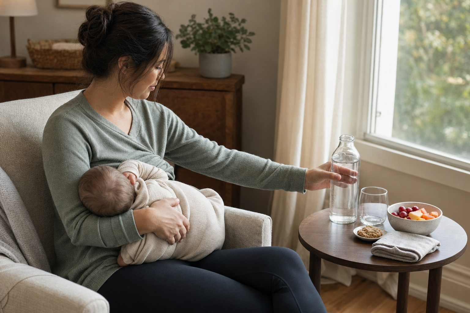 A breastfeeding parent sits beside a prepared hydration station with a filled water bottle, glass, fruit, and snack.