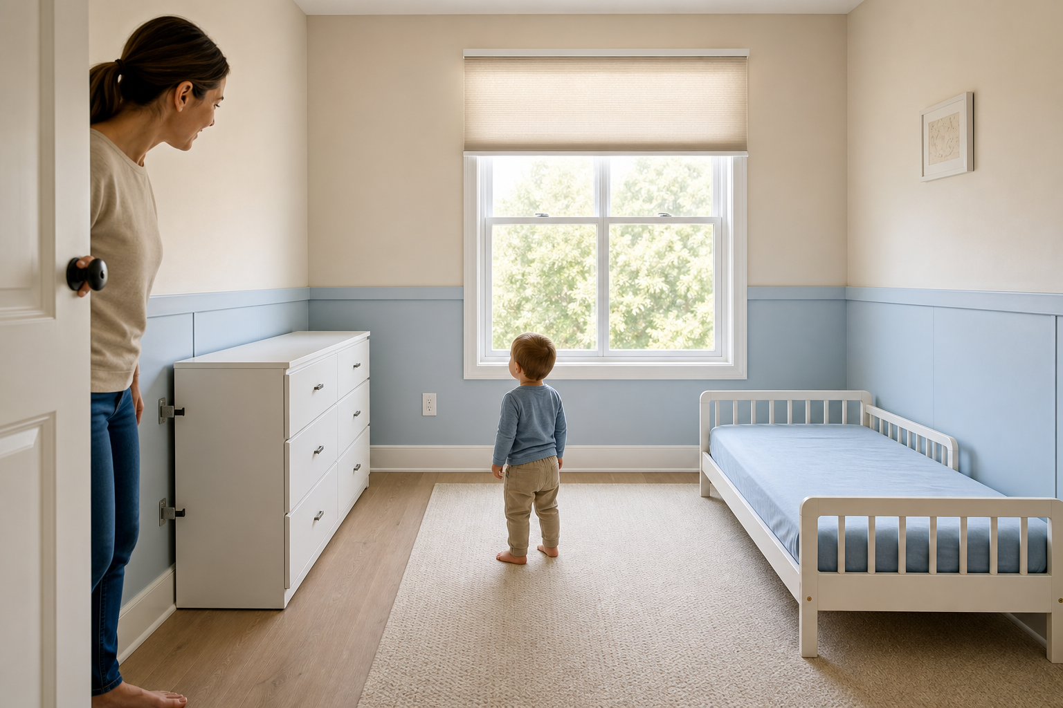 A caregiver checks a childproofed bedroom with a low toddler bed, anchored dresser, covered outlets, and an uncluttered floor.