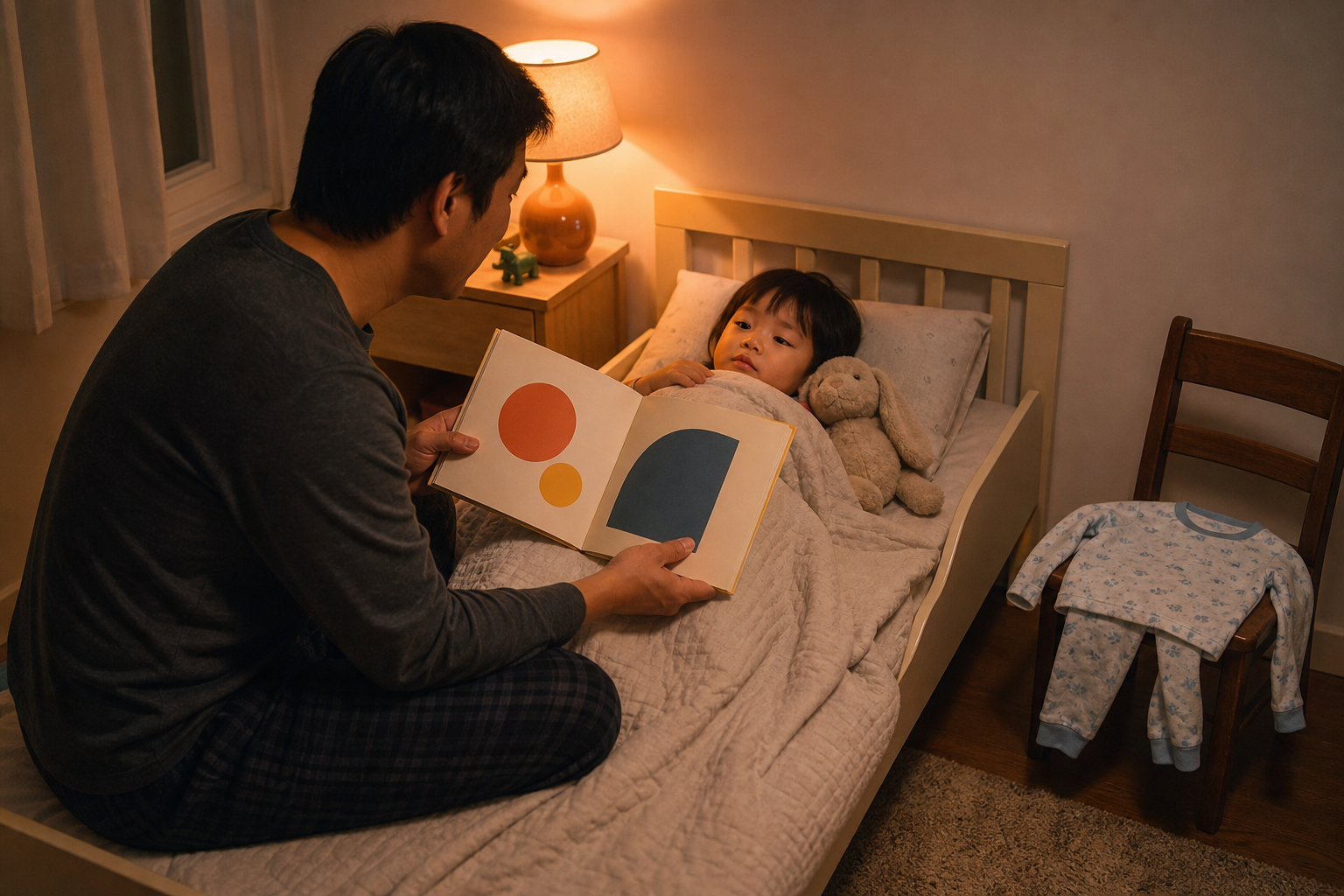 A parent reads a picture book to a toddler during a calm bedtime routine beside a low bed.