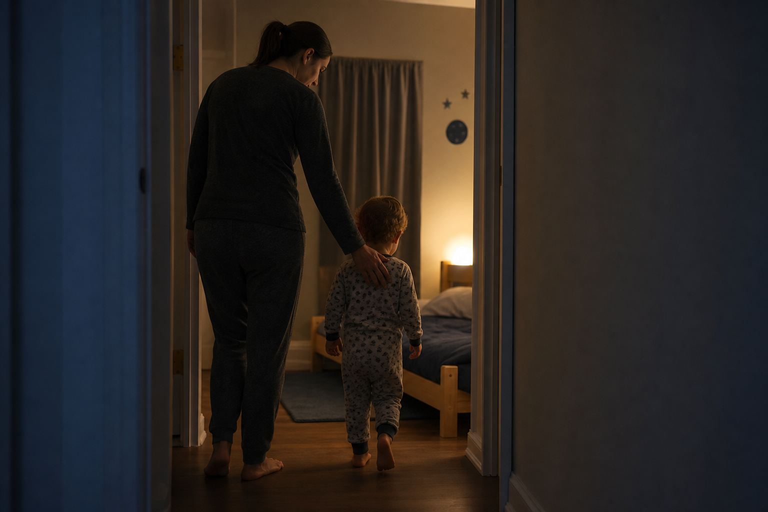 A caregiver calmly guides a sleepy toddler from the bedroom doorway back toward a low bed.