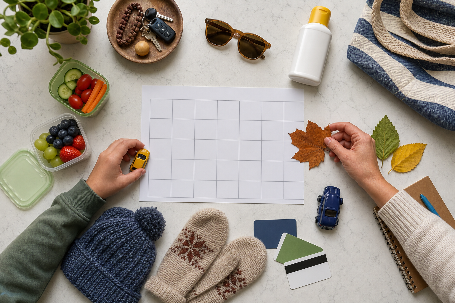 Hands arrange seasonal family outing items around a blank calendar on a kitchen table.