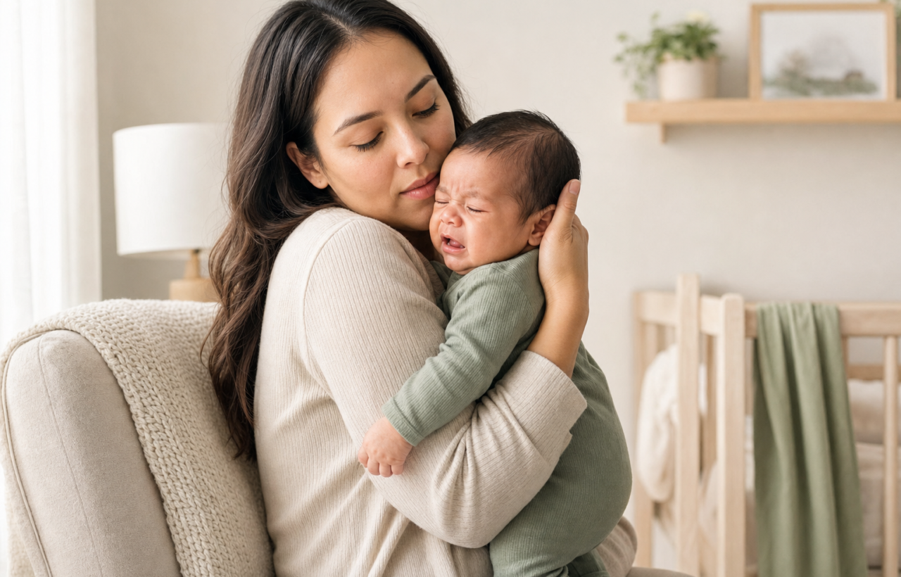 A caregiver supports a crying infant upright against their chest during a burping pause in a softly lit nursery.