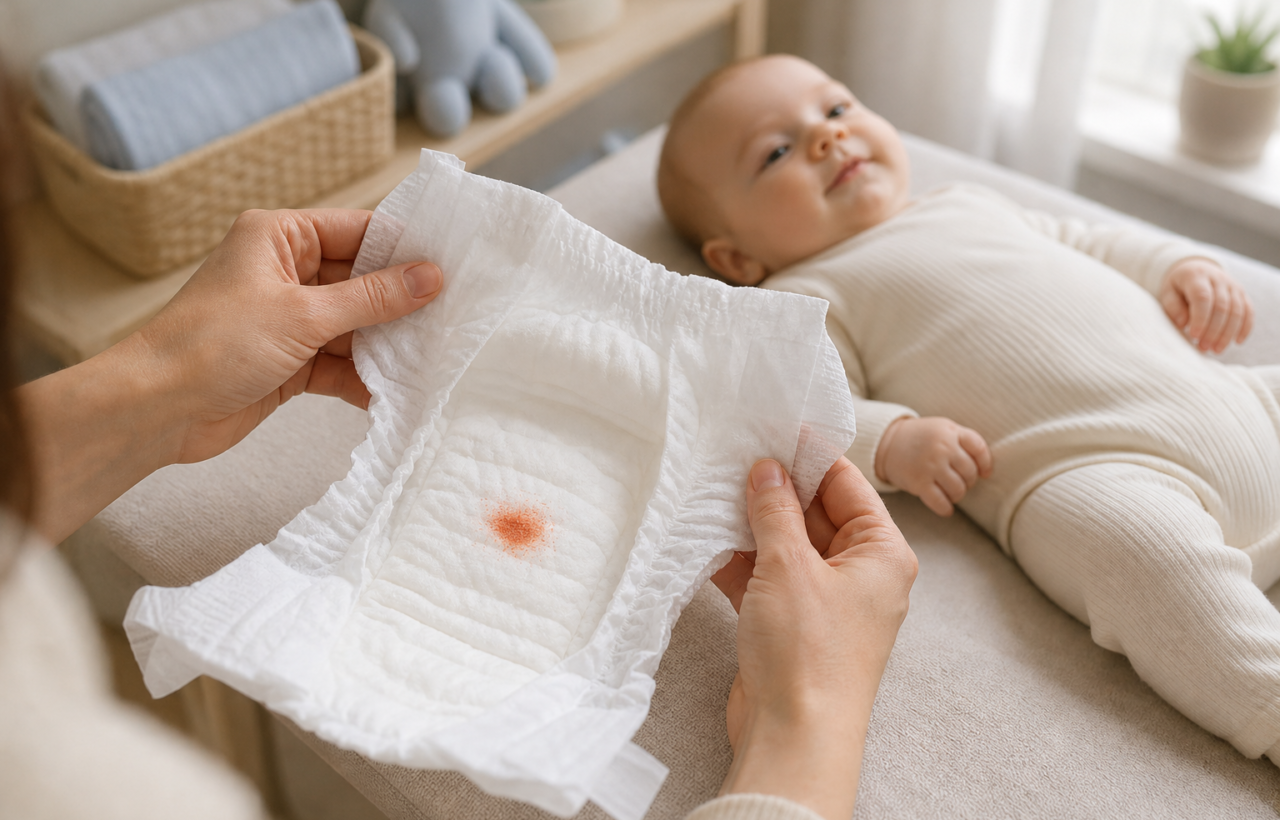A caregiver holds open a white baby diaper with a small dry orange-red stain while a clothed baby rests on a changing mat.