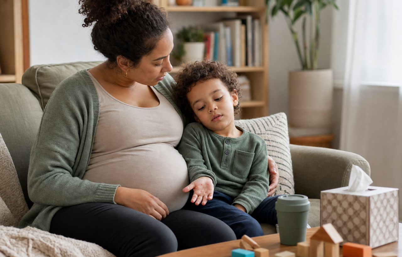 A pregnant parent cuddles a mildly unwell preschooler with a few small red spots visible on the child's palm.