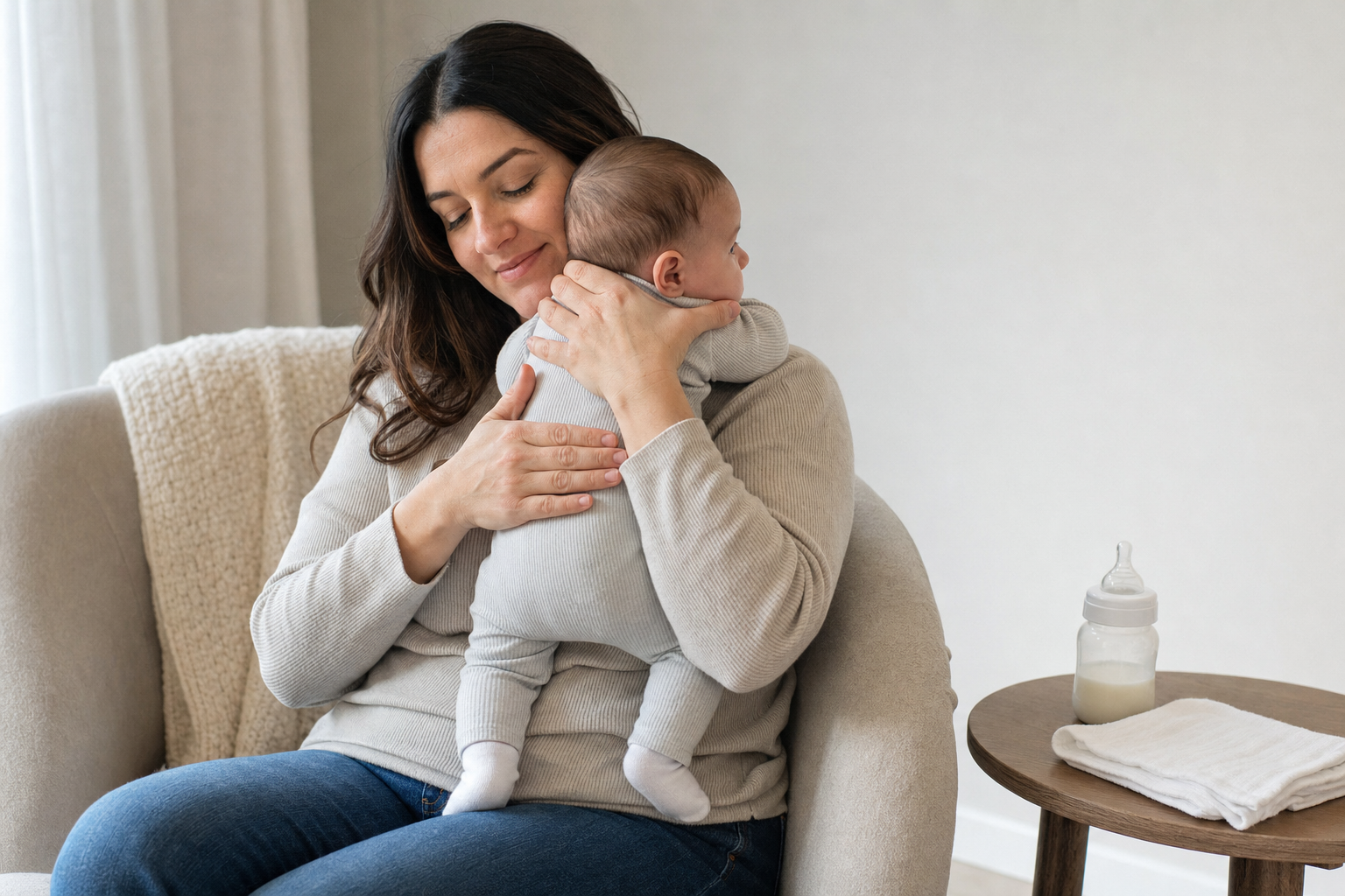 A seated caregiver gently supports an infant upright with one hand resting lightly on the baby's back during a short burping pause.