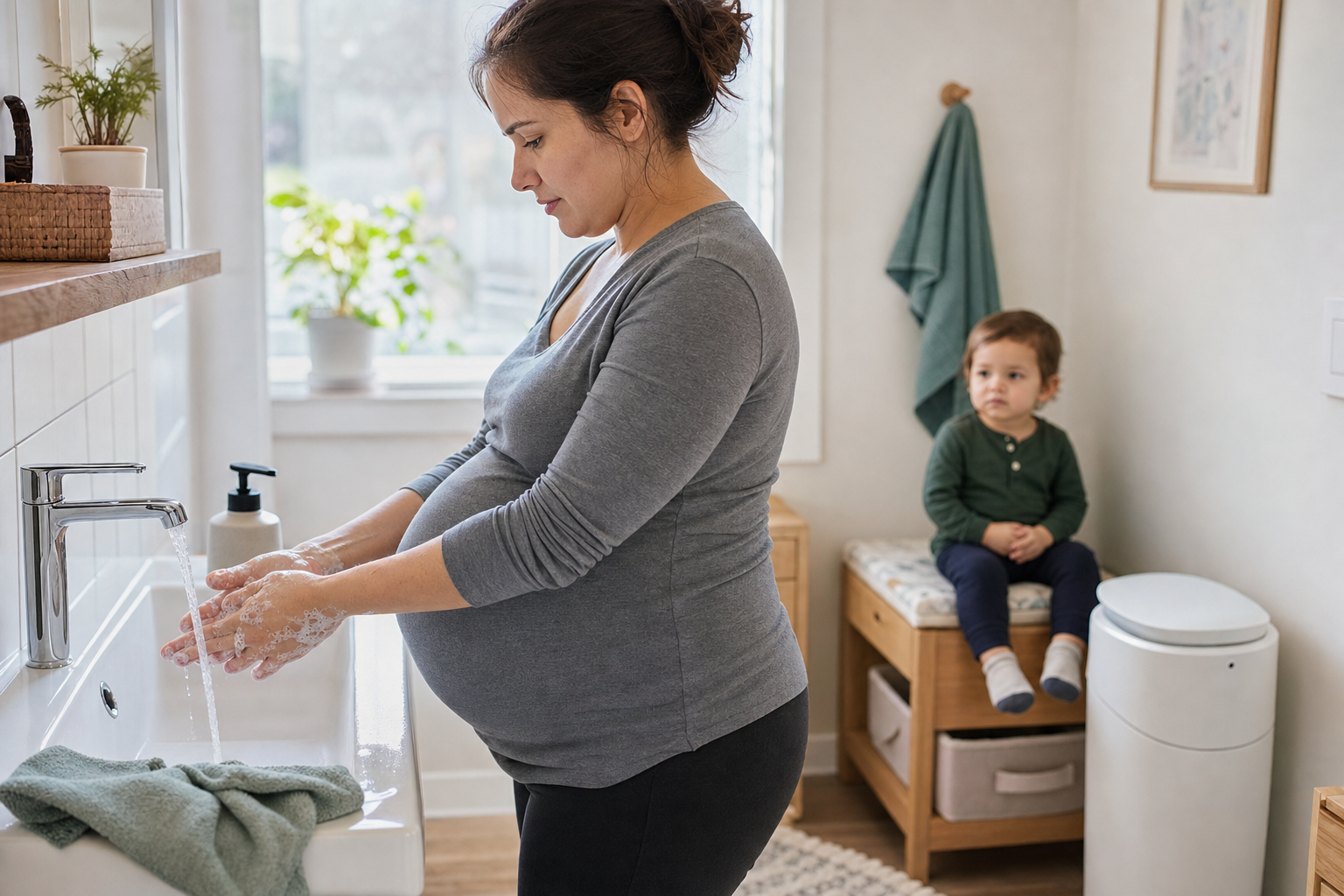 A pregnant parent washes their hands with soap after changing a toddler's diaper at home.