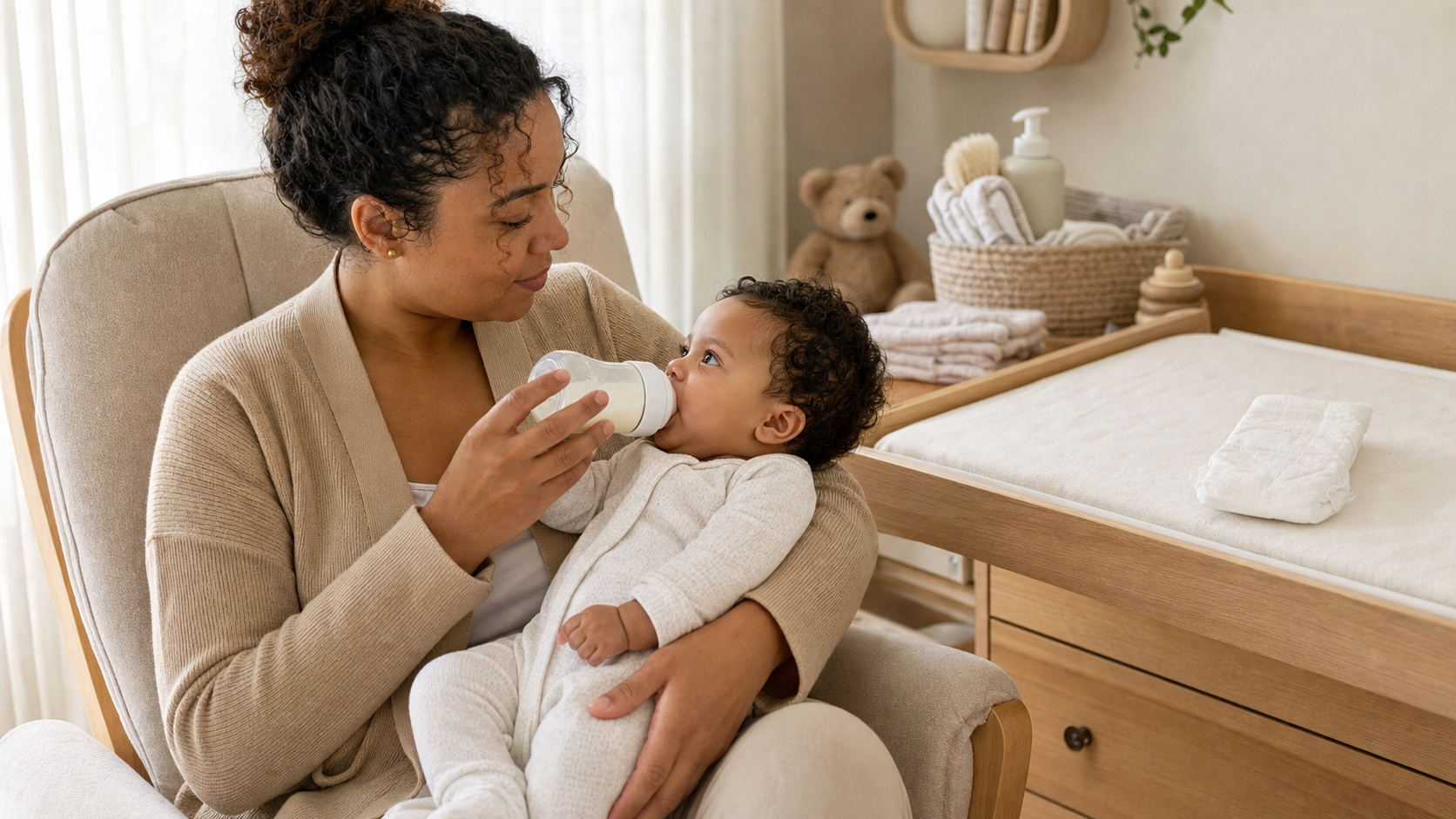 A caregiver observes an alert, fully clothed baby during bottle-feeding beside fresh diaper-changing supplies.