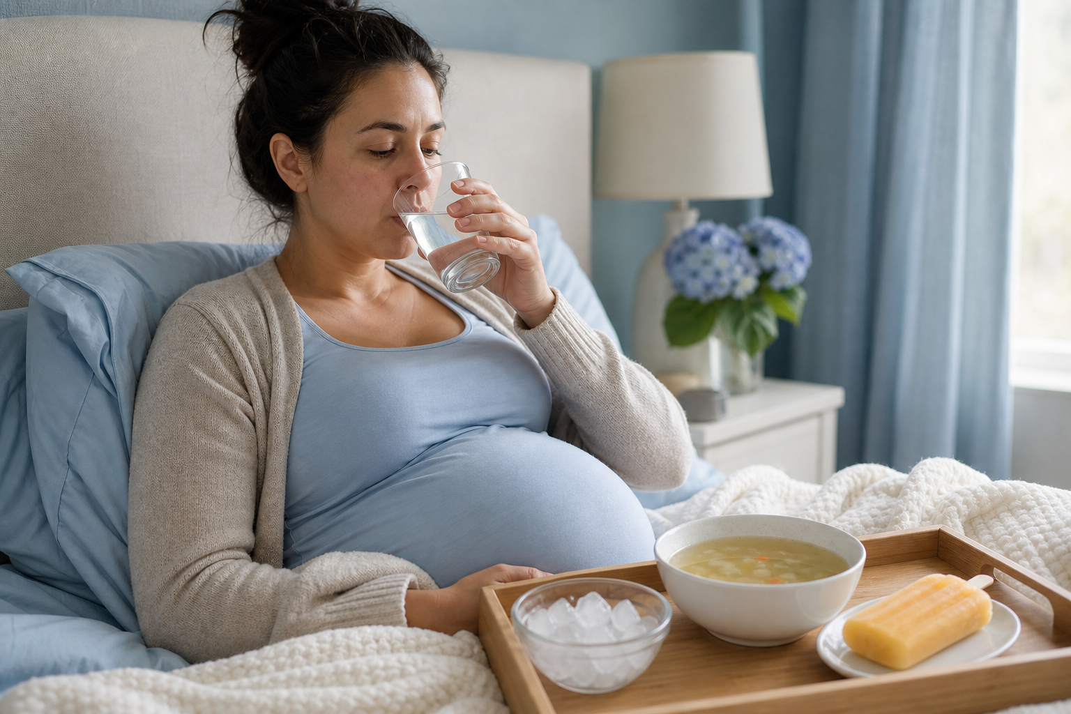 A pregnant adult rests in bed with water, ice chips, a frozen fruit pop, and soup nearby for hydration.