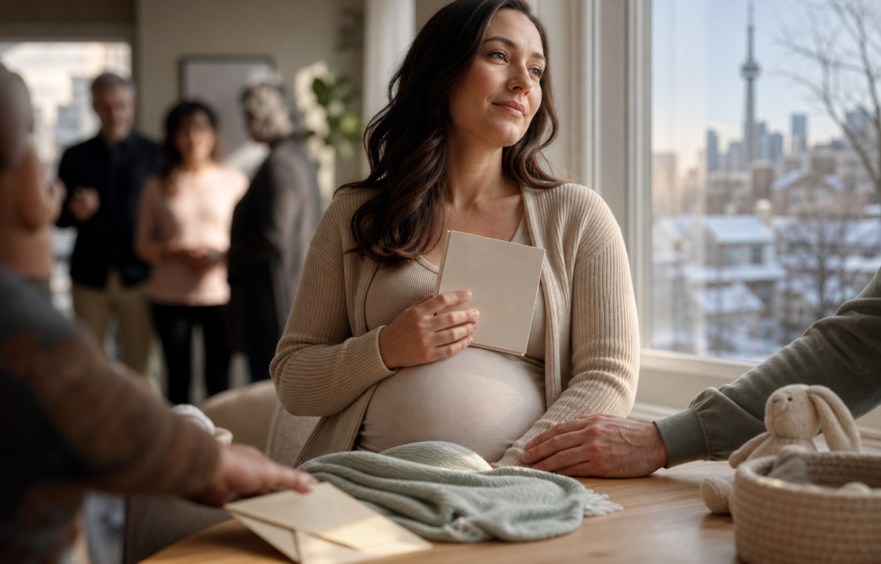 Expectant mother holding a blank baby name card while a partner offers support nearby.