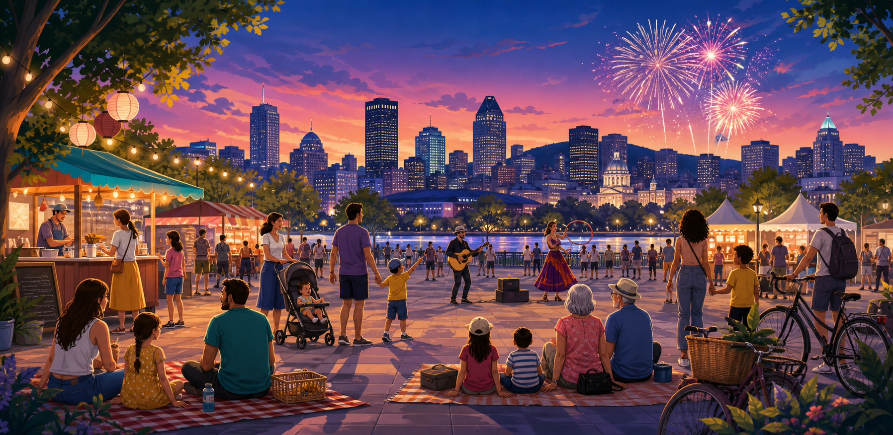 Families gathered in a Montreal public square for a summer festival with food stalls, bicycles, performers, and fireworks.