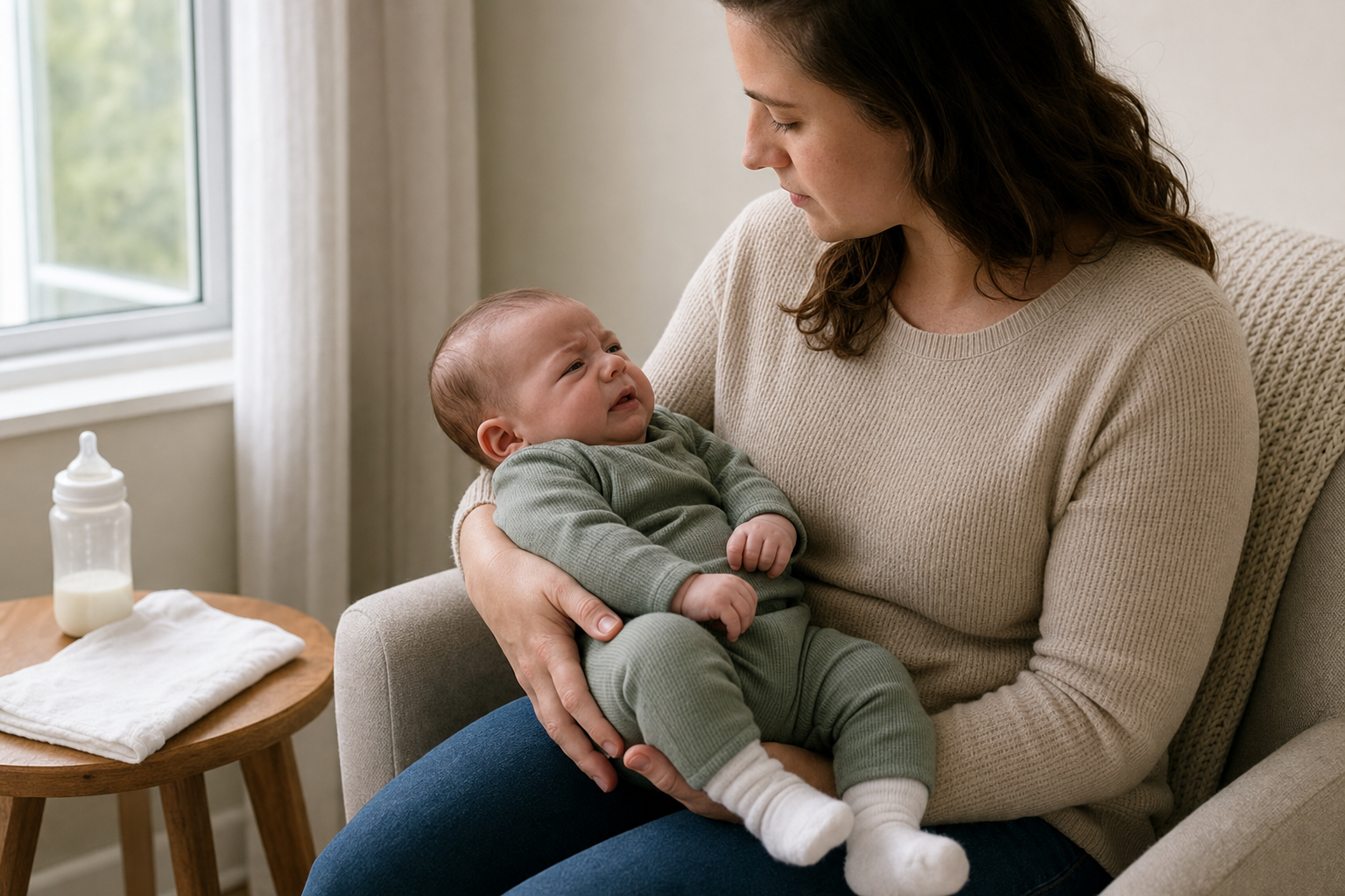 A caregiver calmly observes and supports a fussy infant resting across their lap after feeding.