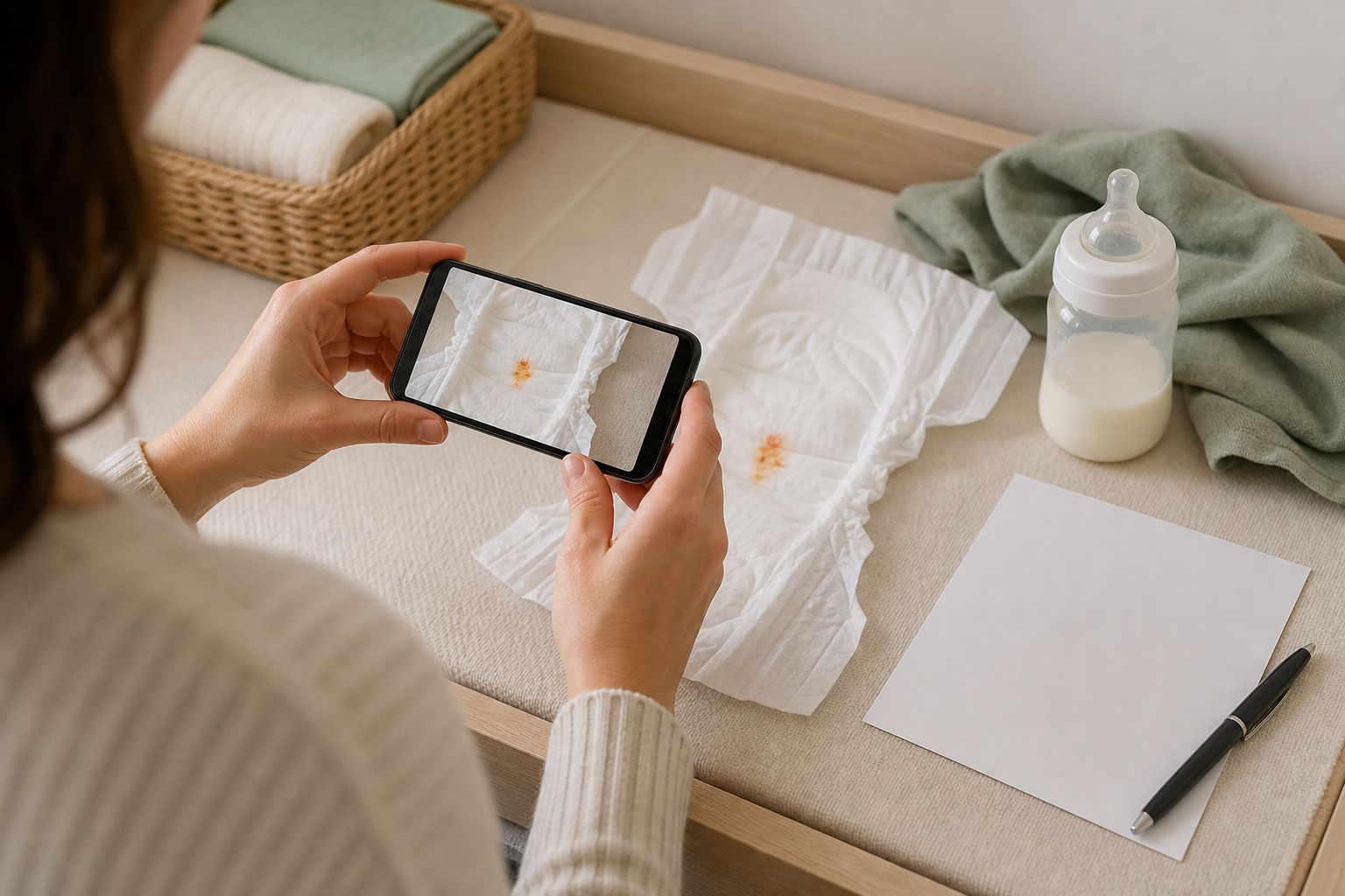 A caregiver photographs a small orange-red diaper stain with a smartphone beside a bottle, blank card, and pen.