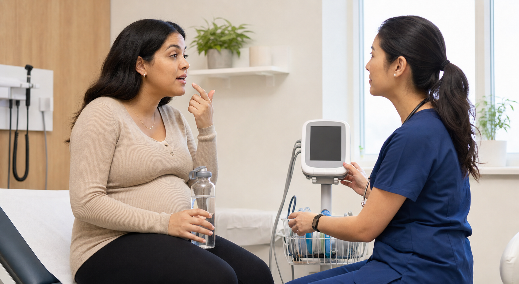 A pregnant patient discusses mouth discomfort and hydration with a healthcare professional in a prenatal clinic.