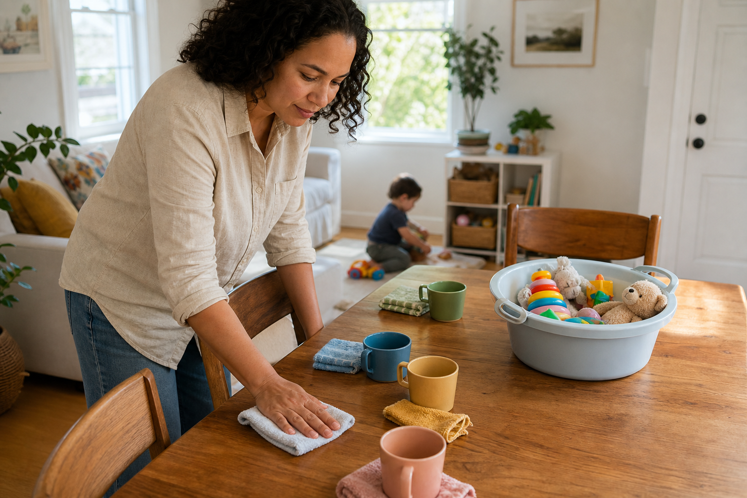 A parent wipes a shared table while washable toys, separate cups, and towels are organized nearby.