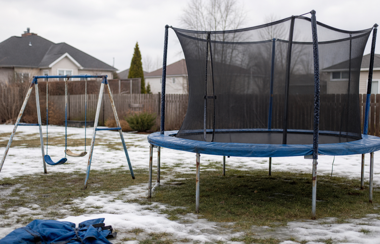 Backyard trampoline and swing set on patchy spring snow
