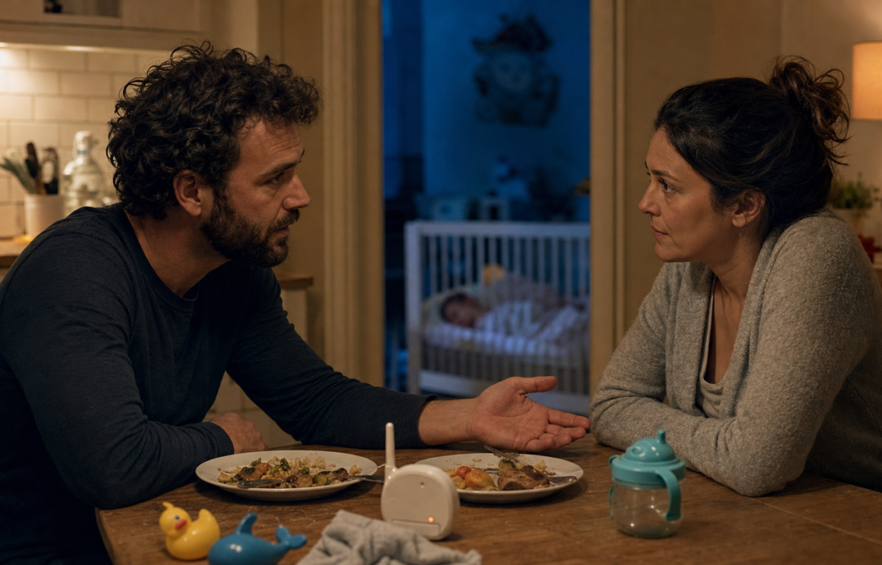 Two parents sit at a kitchen table and talk calmly after an interrupted evening while their young child sleeps in the next room.